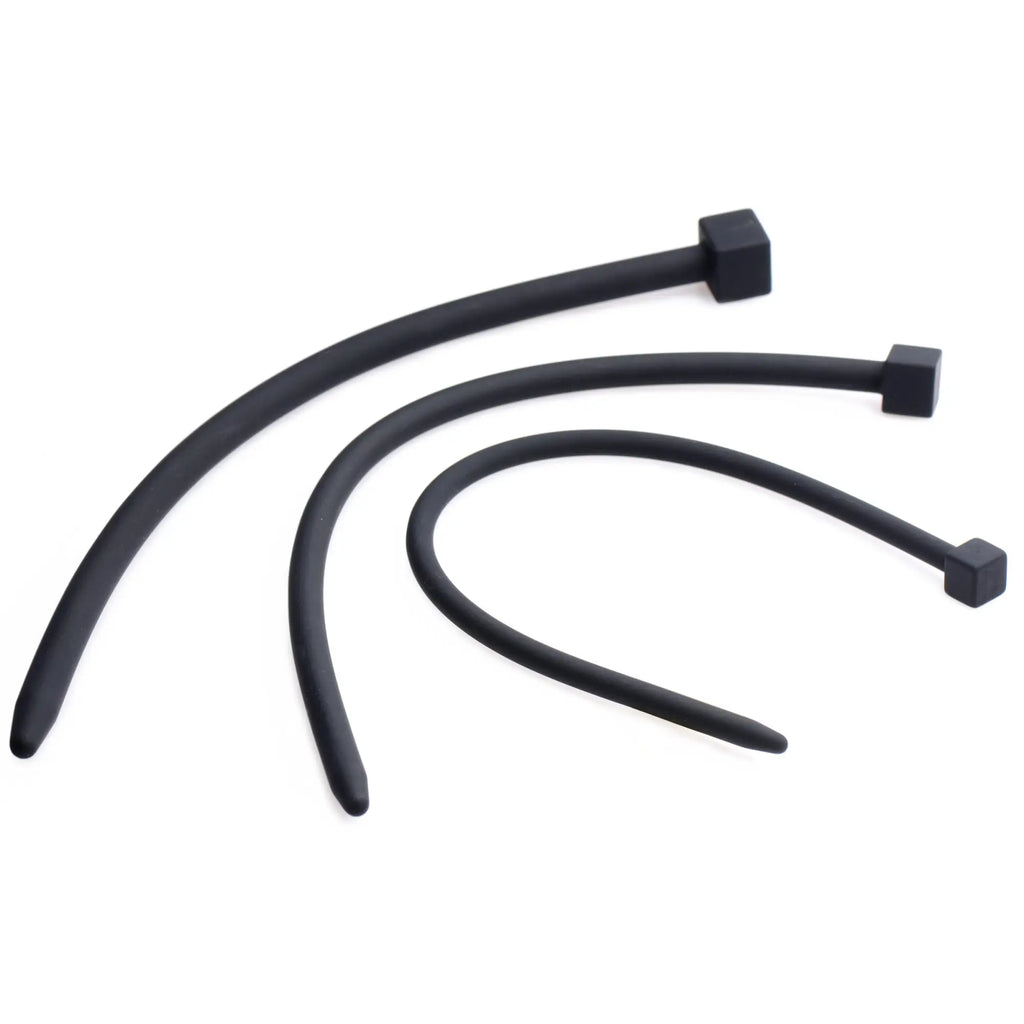 Three matte black Master Series Bolted Deluxe silicone urethral sounds of varying lengths with square bases.
