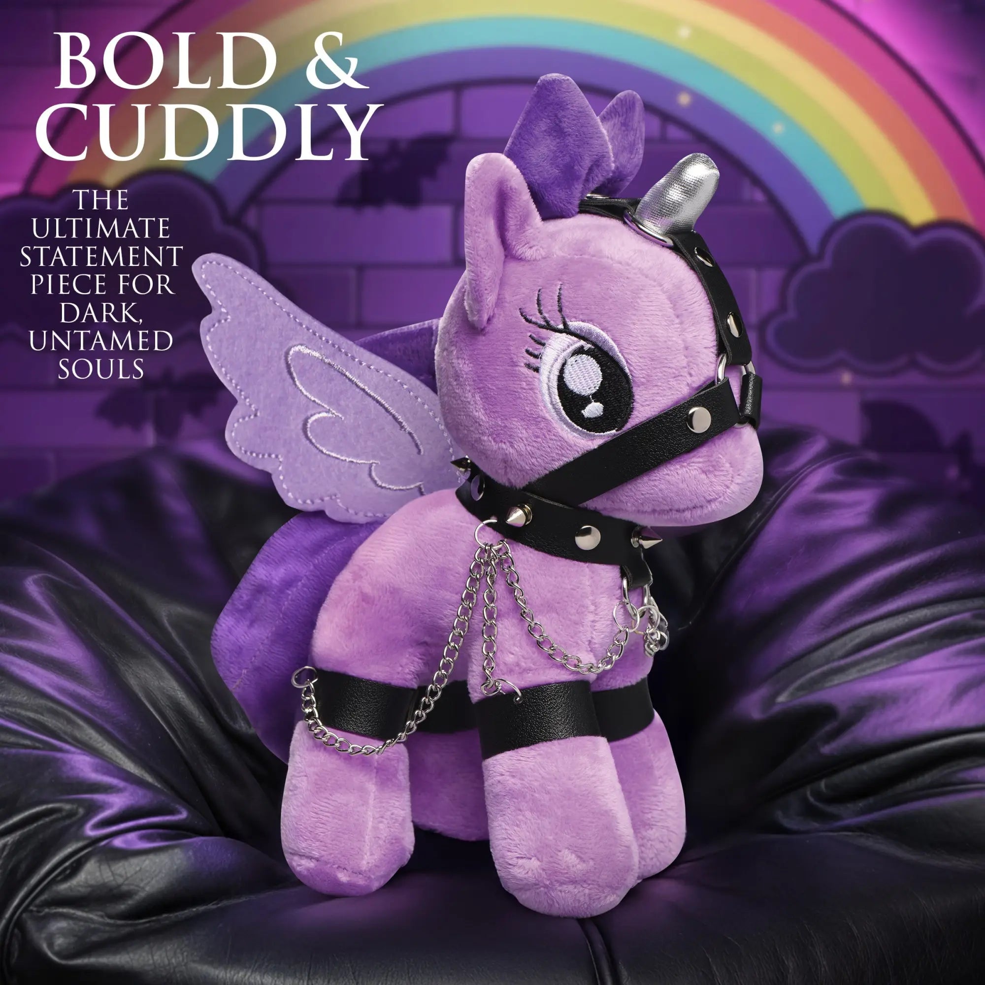 Purple plush Master Series Bondage Pony with wings, silver horn, leather-style harness, collar, and metal chains.