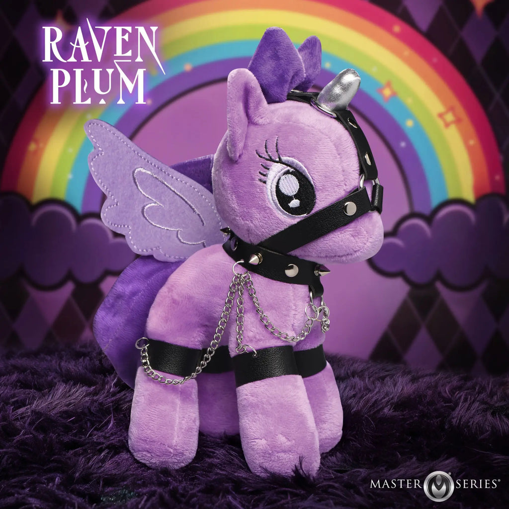 Master Series Bondage Pony: A purple winged plush toy wearing black leather bondage gear, spikes, and silver chains.