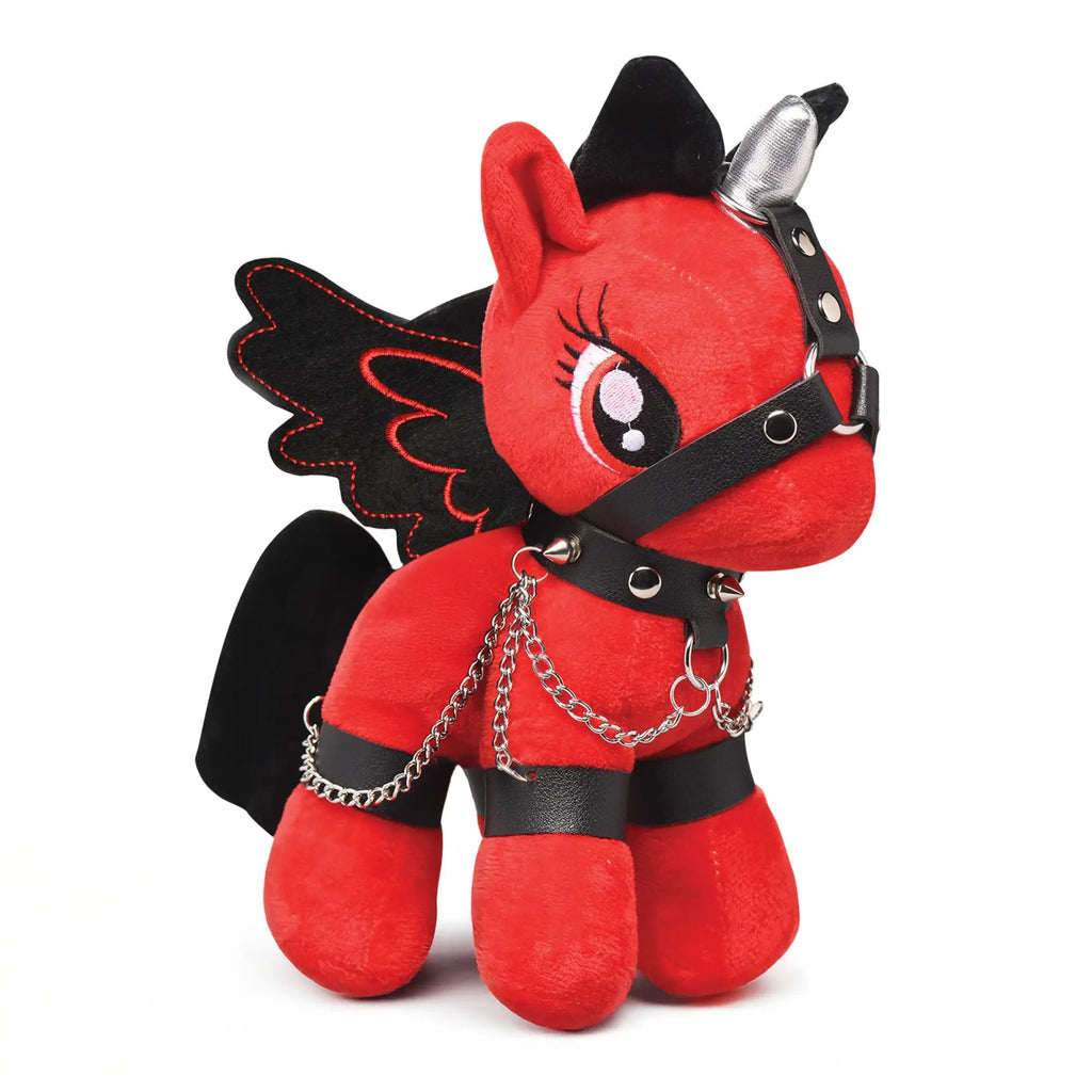 Master Series Bondage Pony: Red plush pony with black wings, spiked collar, leather-style harness, and metal chains.