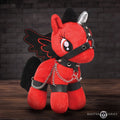 Master Series Bondage Pony: A plush red unicorn with black wings, wearing a leather harness and silver chains.