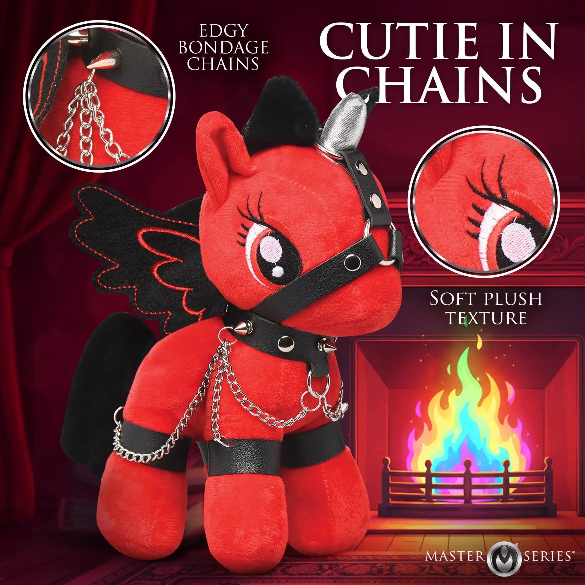 Master Series Bondage Pony: A red plush pony with black wings, a horn, and decorative faux-leather bondage gear/chains.