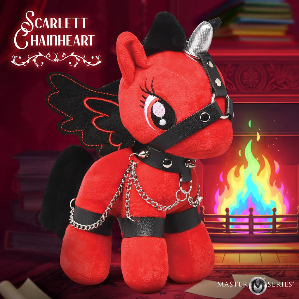 Master Series Bondage Pony: a red plush pony with black wings, a silver unicorn horn, and black leather-style bondage.