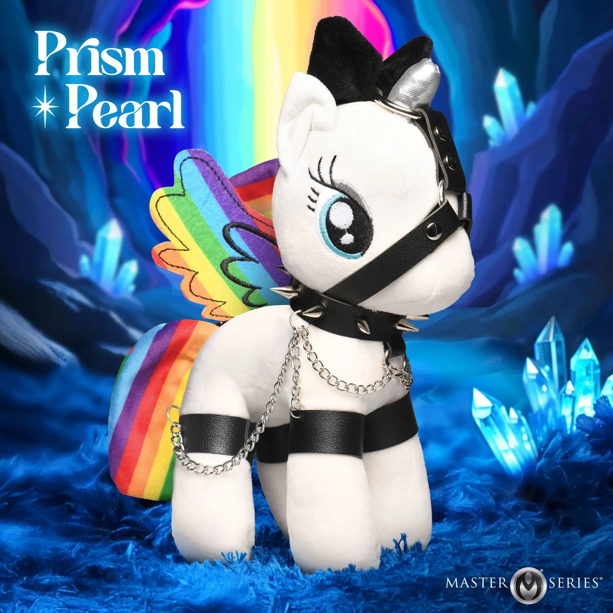 Master Series Bondage Pony: A white plush toy with rainbow wings and tail, wearing black leather-style gear and chains.
