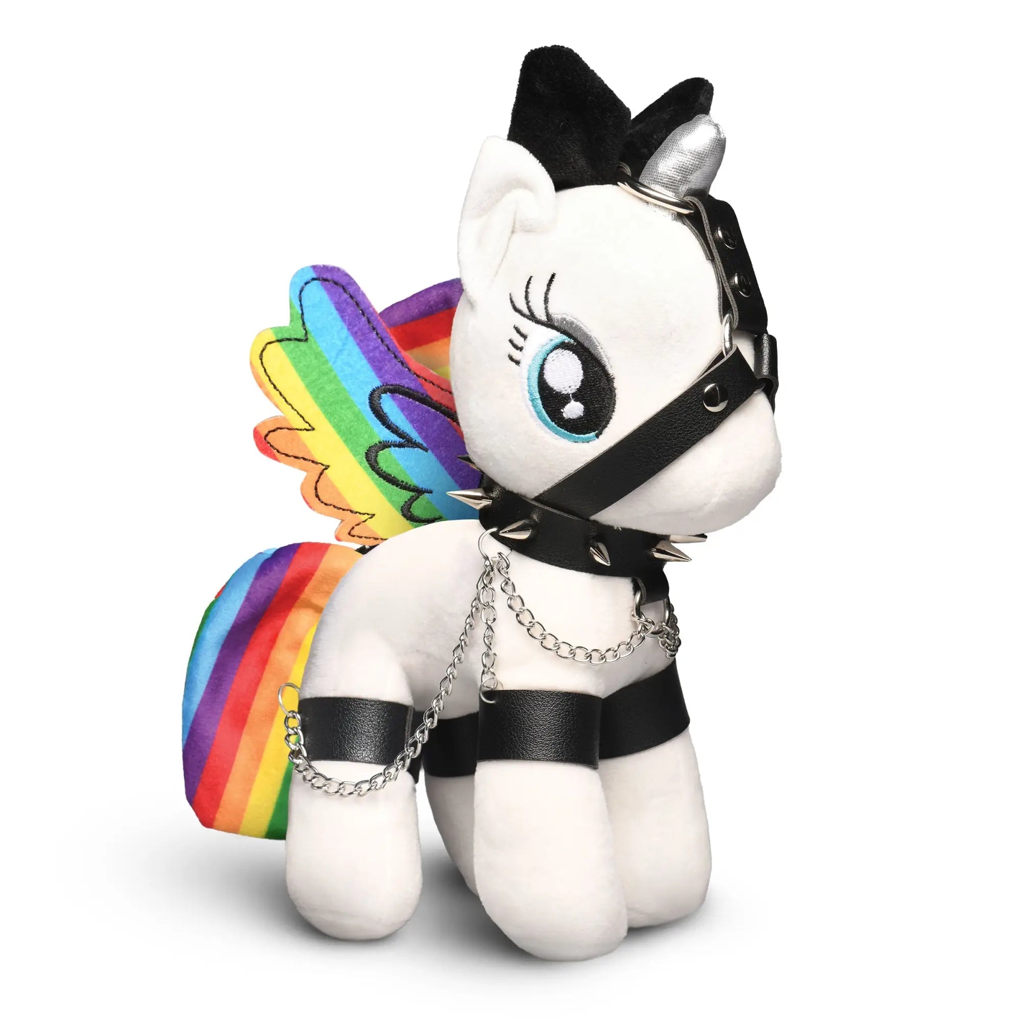 Master Series Bondage Pony: white plush unicorn with rainbow wings, black leather-style harness, spikes, and chains.