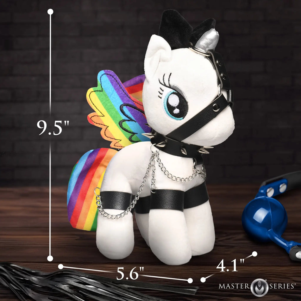 Master Series Bondage Pony: white plush unicorn with rainbow wings, black spiked collar, leather harness, and chains.