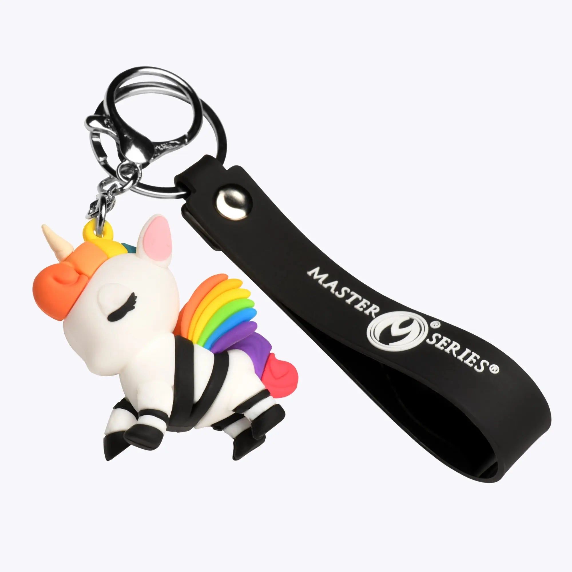 Master Series Bondage Unicorn keychain featuring a white unicorn with rainbow hair in black restraints on a black strap.
