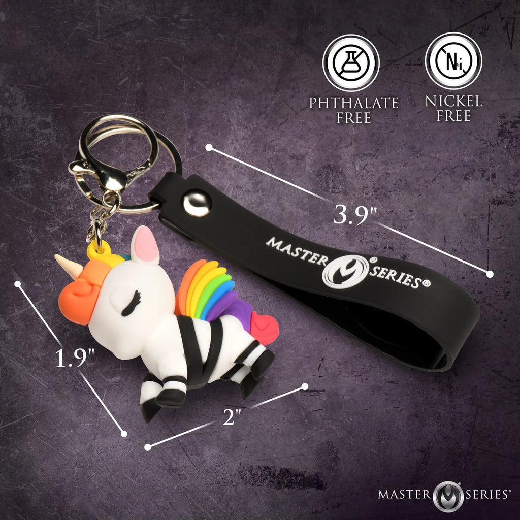 Master Series Bondage Unicorn keychain featuring a white unicorn with rainbow accents and black straps on a black loop.