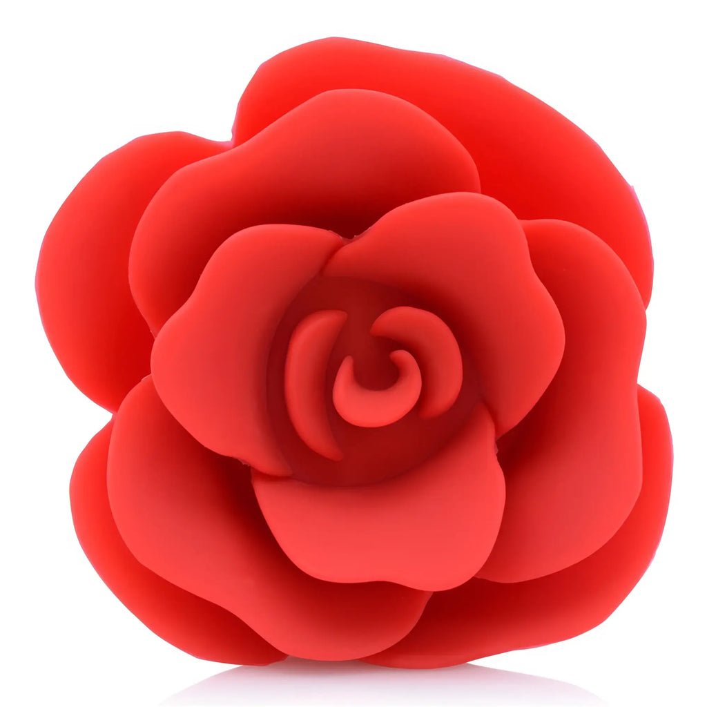 Master Series Booty Bloom silicone anal plug, shaped like a vibrant red, realistic rose flower against a white background.