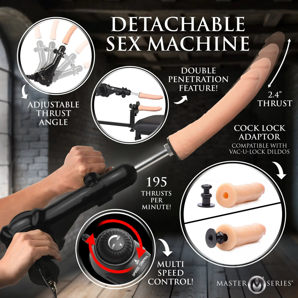 Master Series Breed Master sex machine with black adjustable stand, motor, multi-speed control, and flesh-toned dildo.