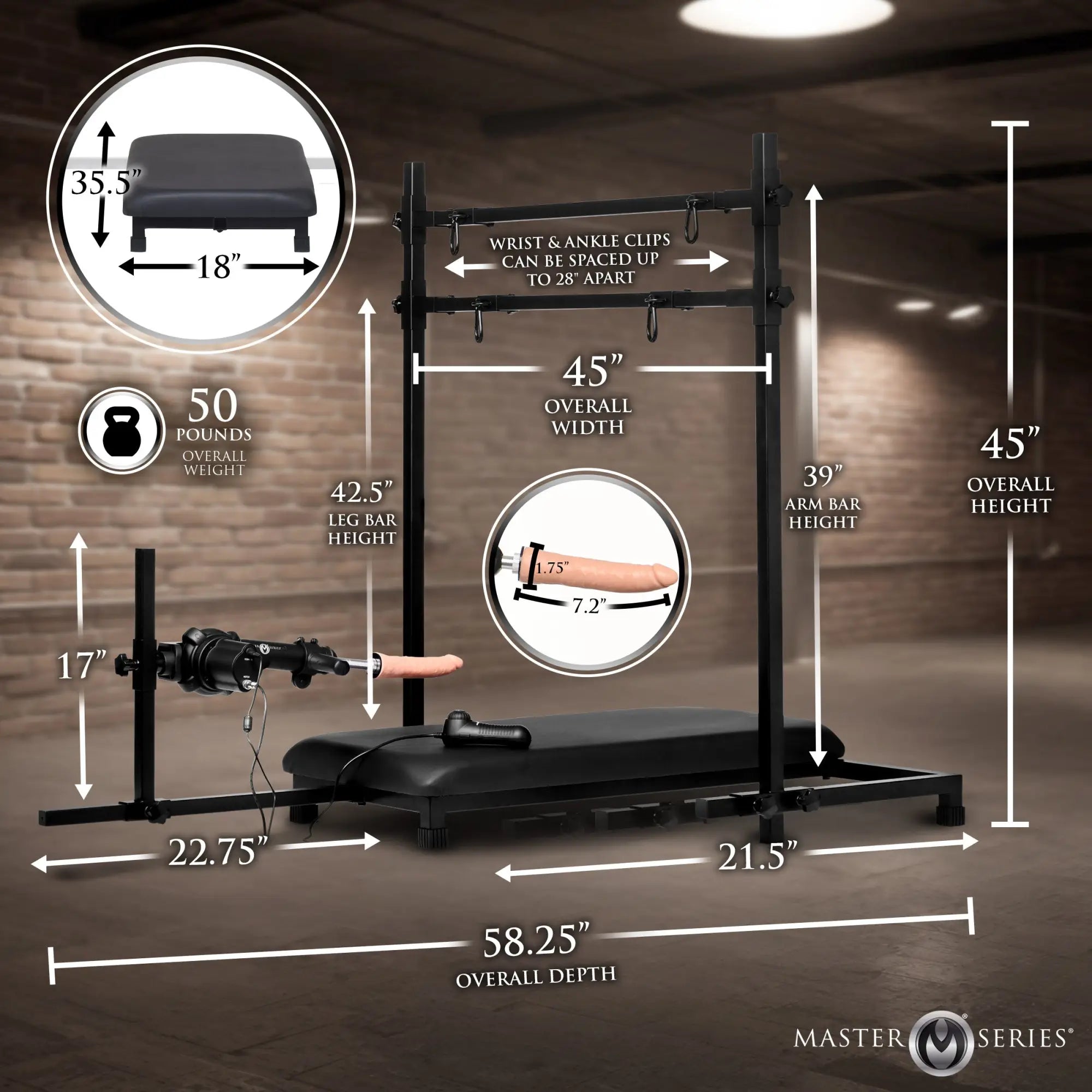 Master Series Breed Master breeding stand in black with attached sex machine, labeled with various product dimensions.