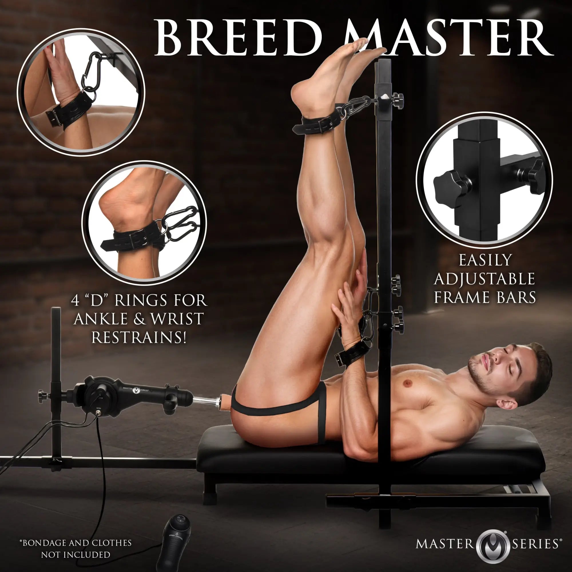 Master Series Breed Master stand with sex machine, featuring adjustable black metal frame and black leather restraints.