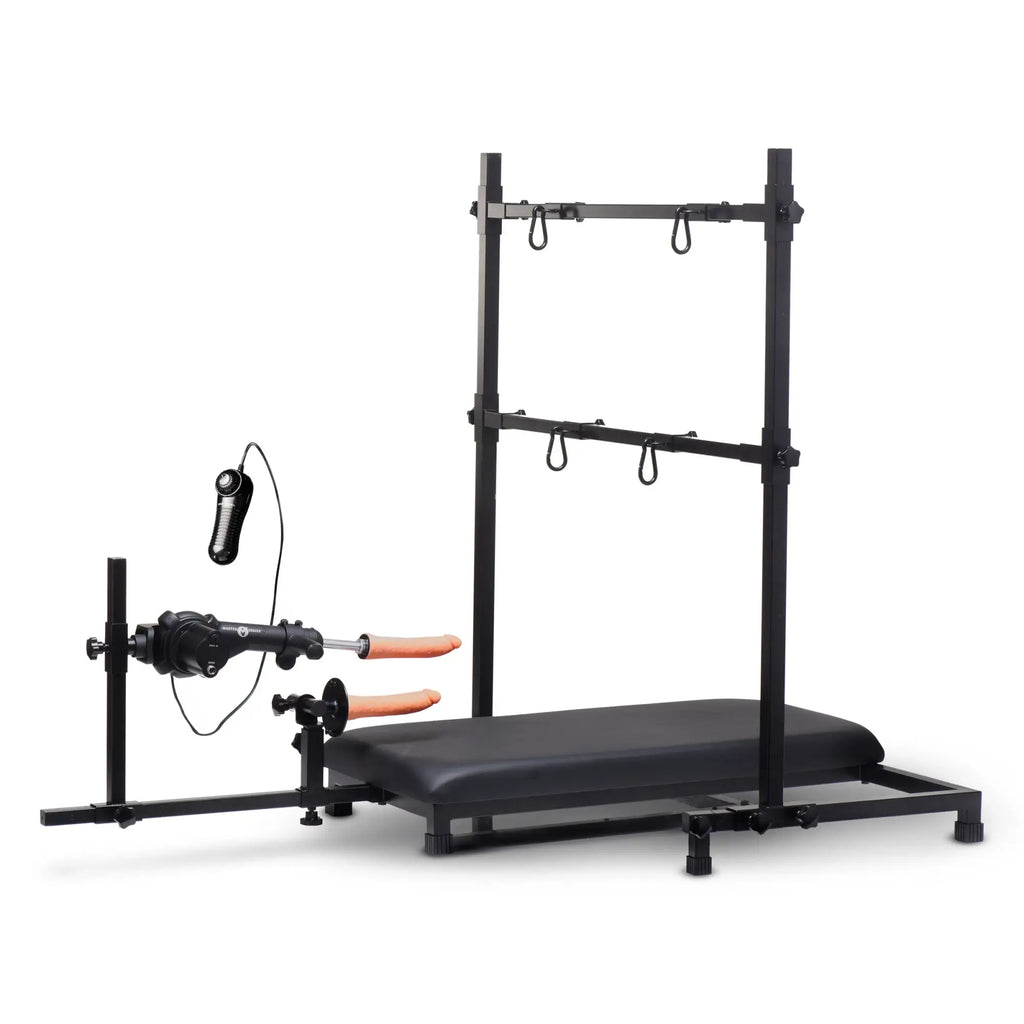 Master Series Breed Master Breeding Stand featuring a black metal frame, padded base, and integrated sex machine.
