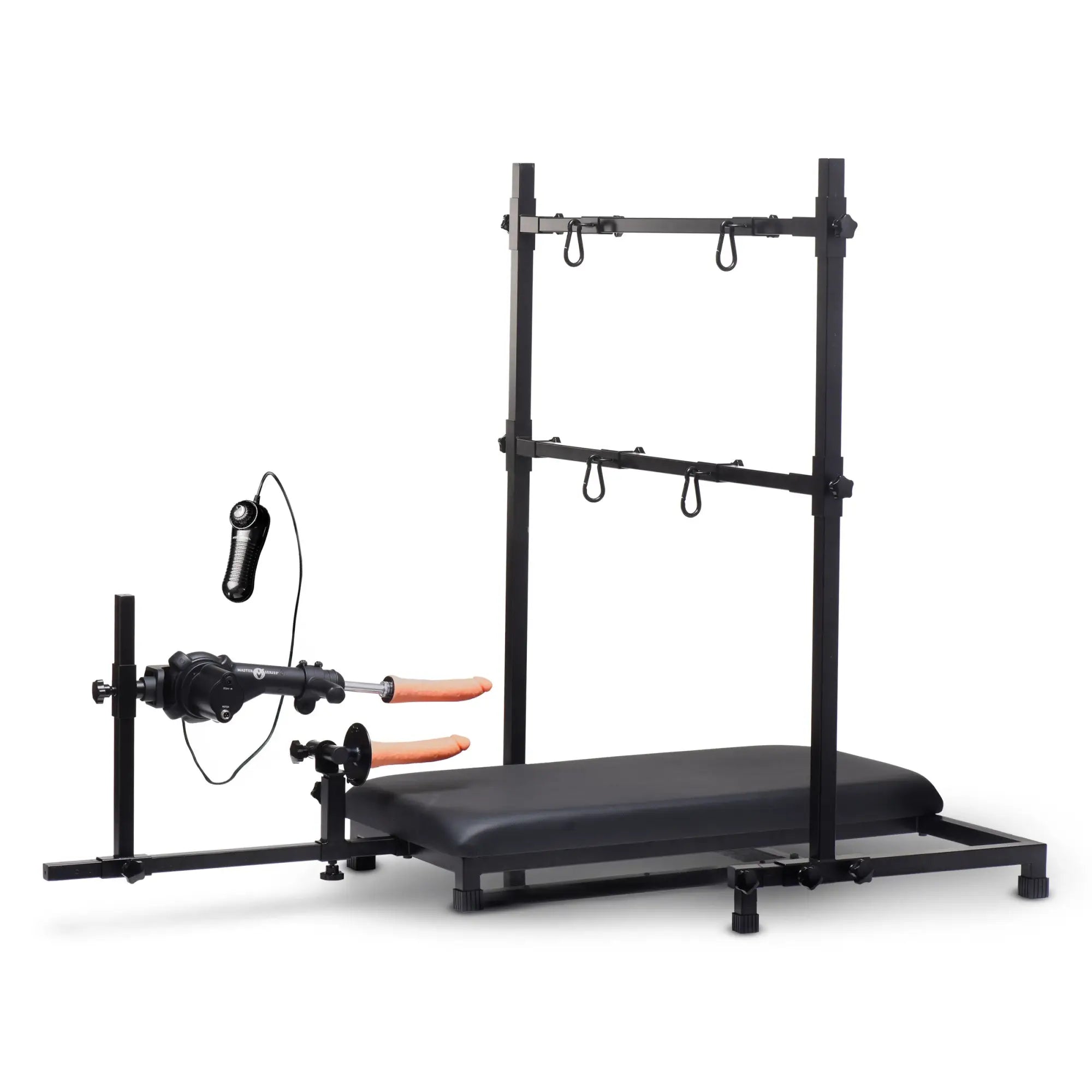 Master Series Breed Master Breeding Stand featuring a black metal frame, padded base, and integrated sex machine.