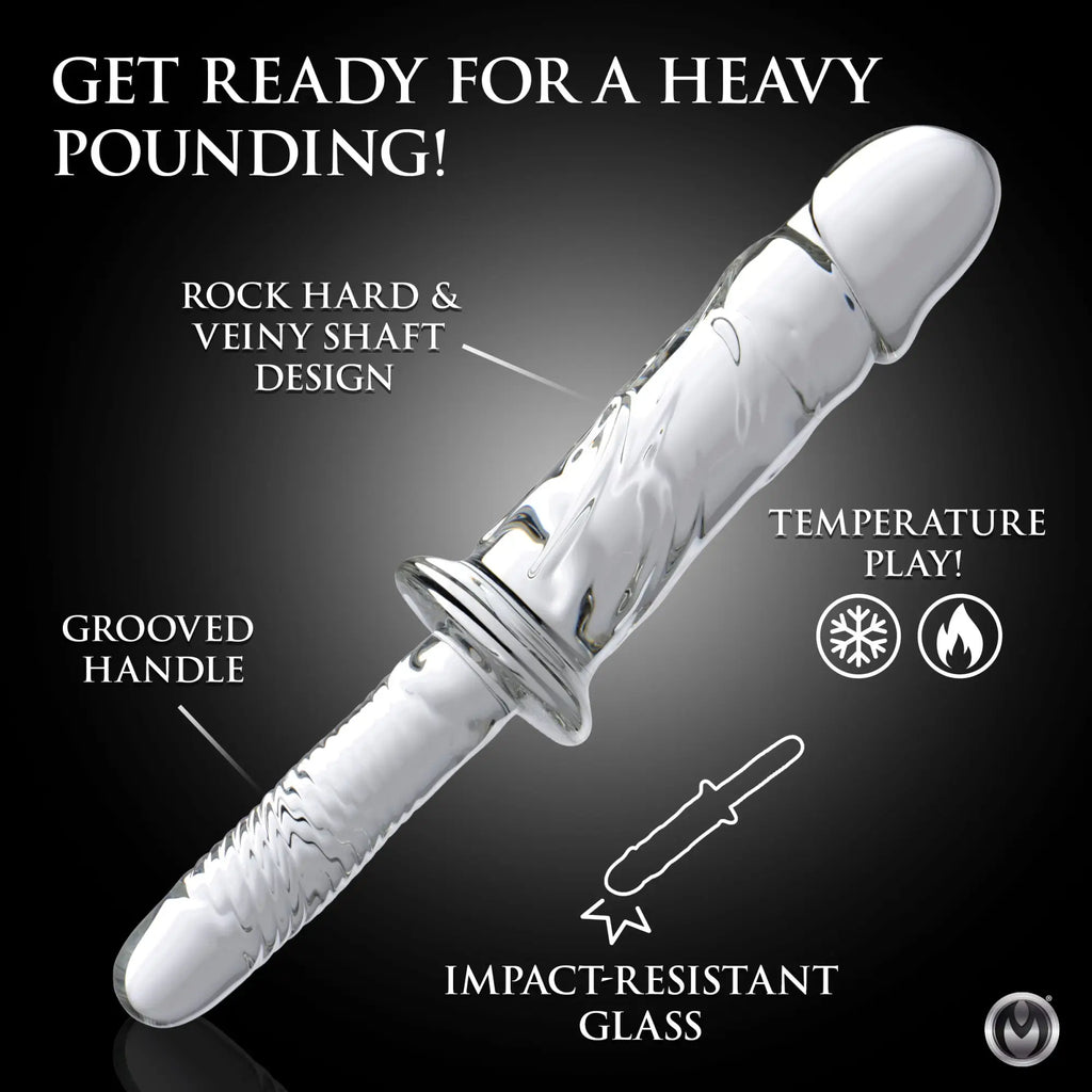 Master Series Brutus glass thruster featuring a clear, veiny shaft, grooved handle, and impact-resistant glass design.