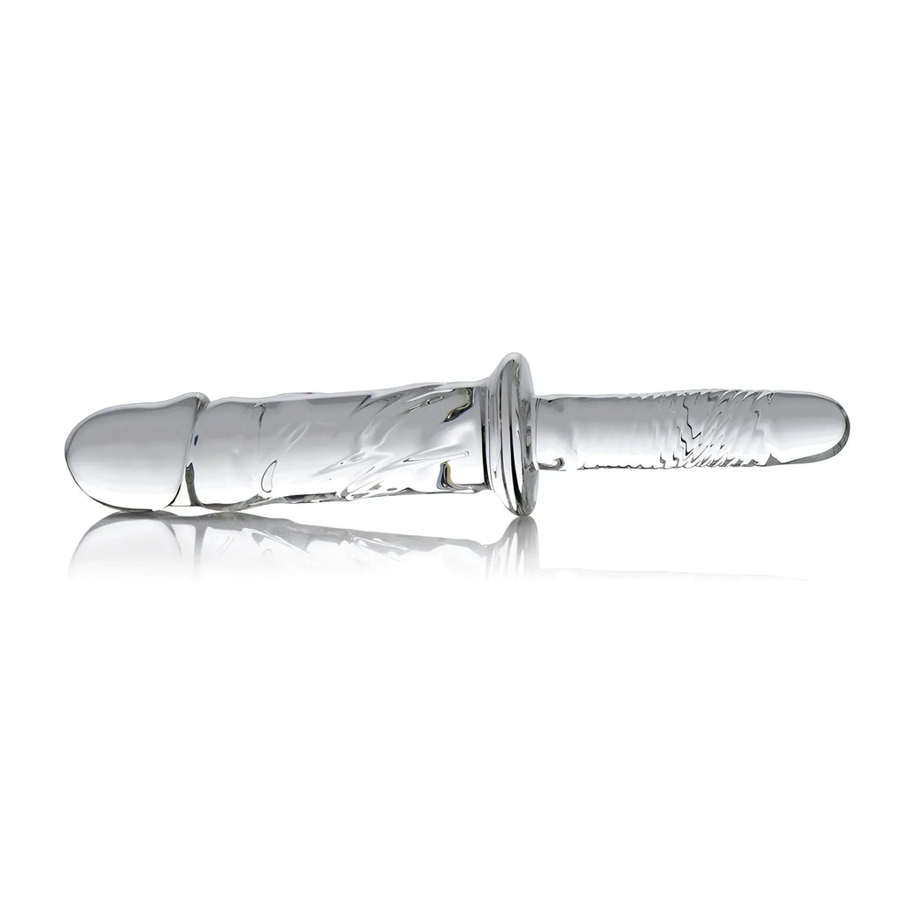 Master Series Brutus Glass Dildo Thruster: A clear, phallic-shaped glass toy with a flared base and textured shaft.