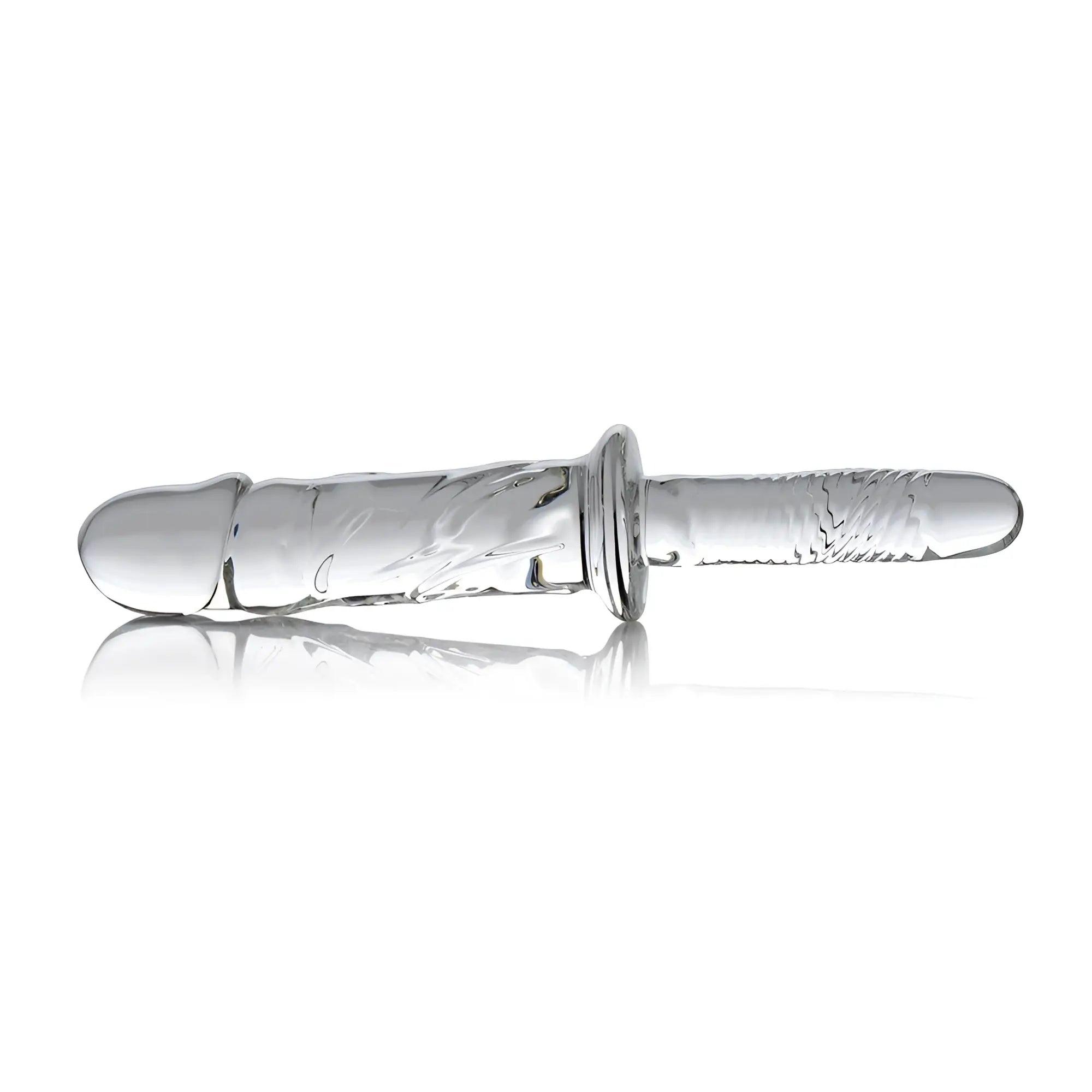 Master Series Brutus Glass Dildo Thruster: A clear, phallic-shaped glass toy with a flared base and textured shaft.