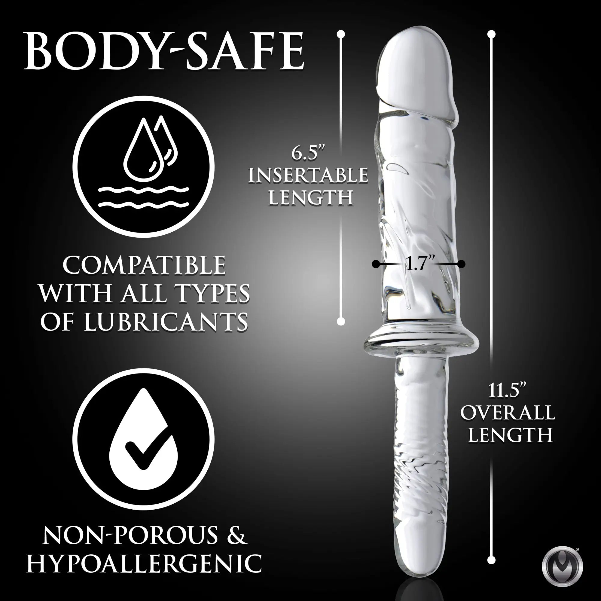Master Series Brutus clear glass thruster dildo with dimensions and icons showing lubricant compatibility.