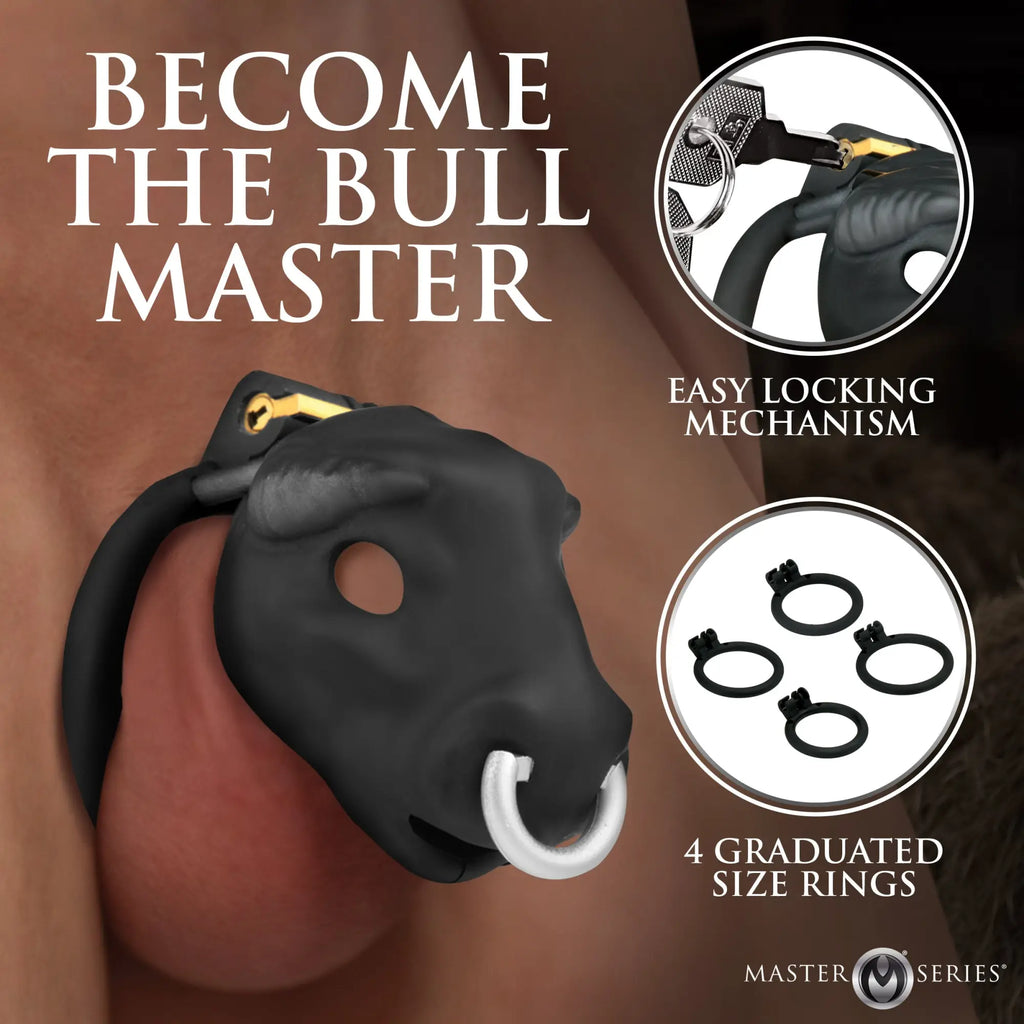 Master Series Bull chastity cage: matte black bull-head design with silver nose ring, locking mechanism, and four rings.