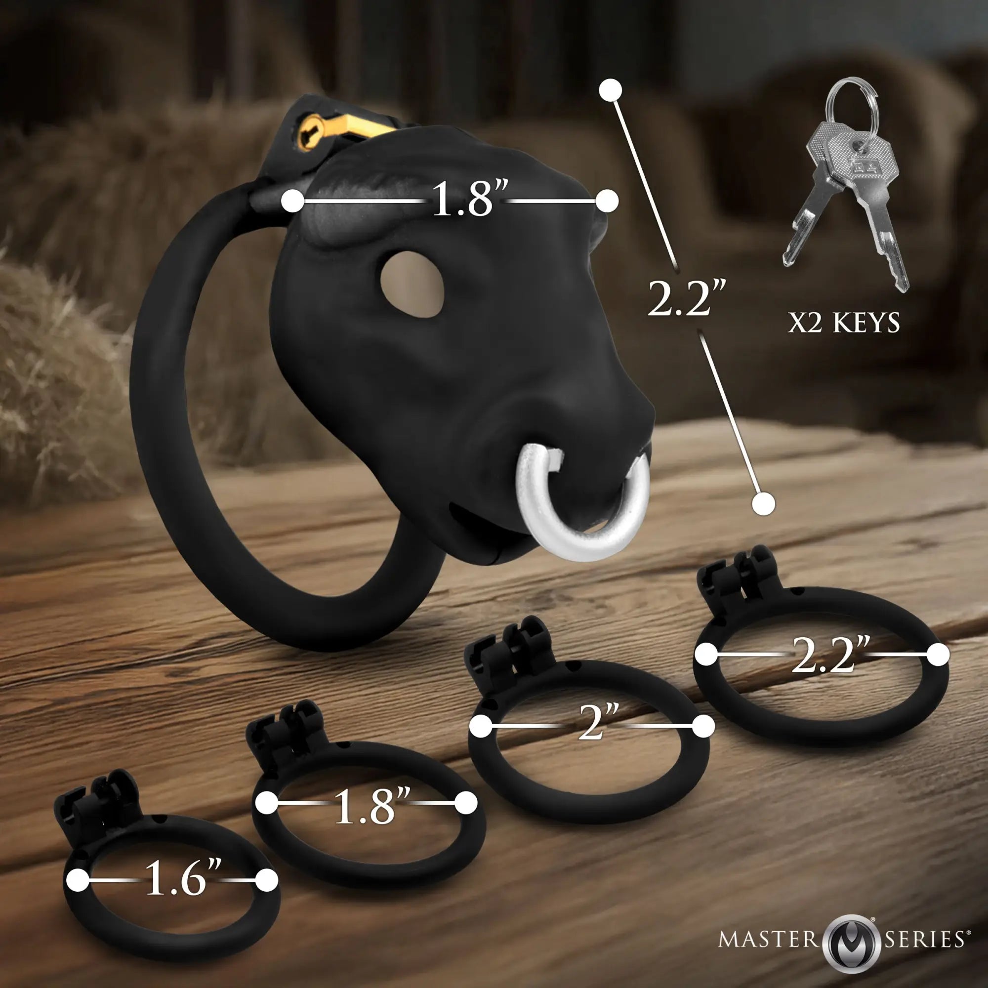 Master Series Bull Chastity Cage: matte black, bull-shaped device with four base rings and two keys on a wood surface.
