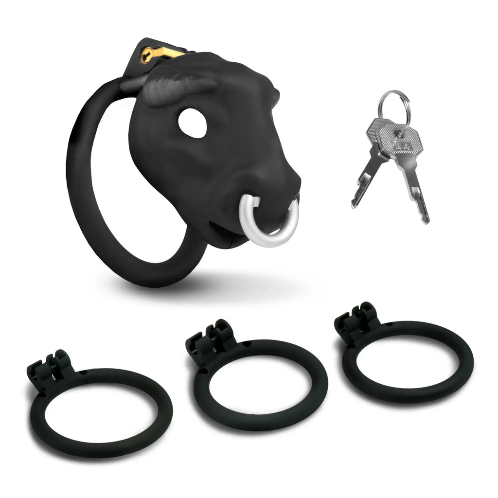 Master Series Bull chastity cage: matte black bull-head design with silver ring, two keys, and three base ring sizes.