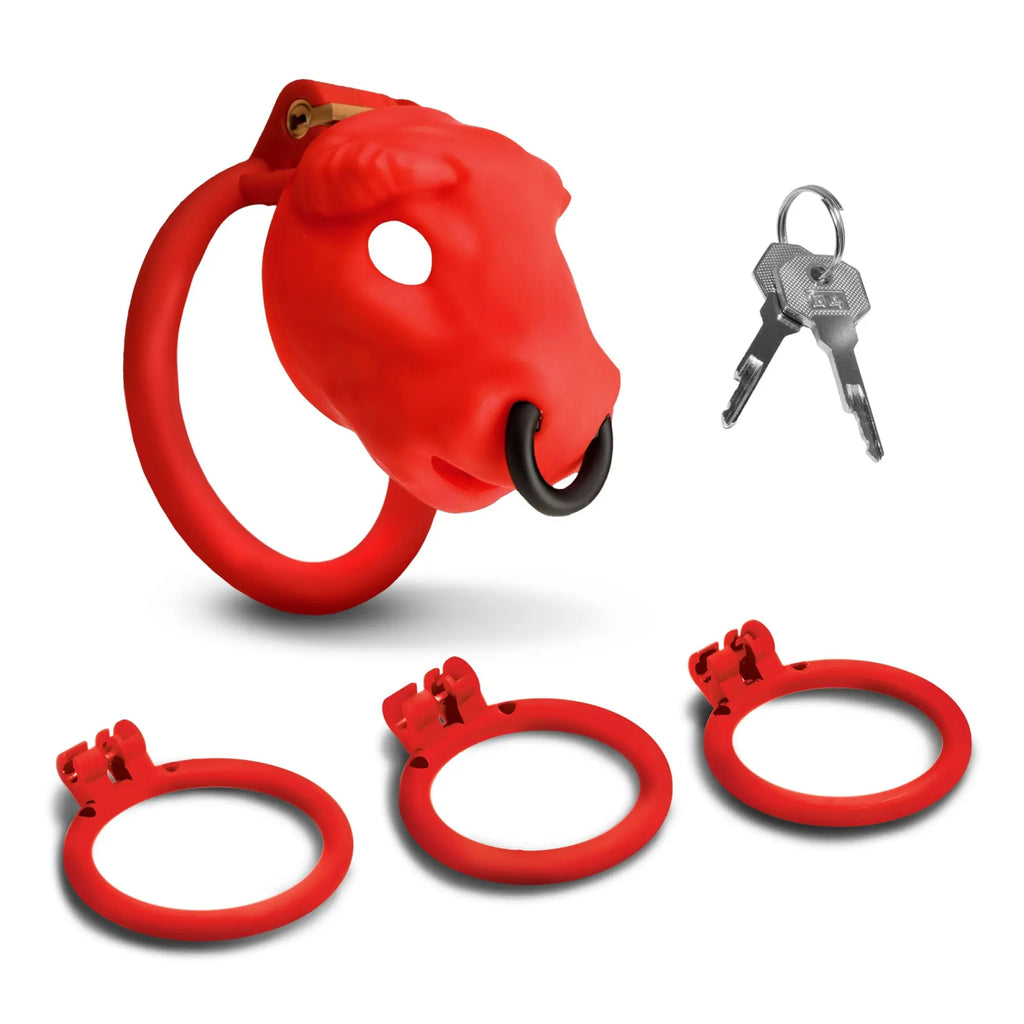 Master Series Bull chastity cage in bright red silicone, featuring a bull head design, keys, and three sizing rings.