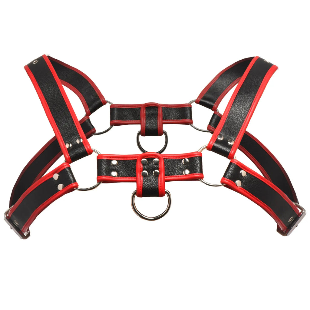 Master Series Bulldog harness in black leather with red trim, featuring metal D-rings, studs, and adjustable straps.