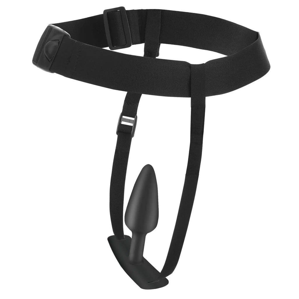 Master Series Bum-Tastic Trainer: black adjustable harness and silicone anal plug set on a white background.