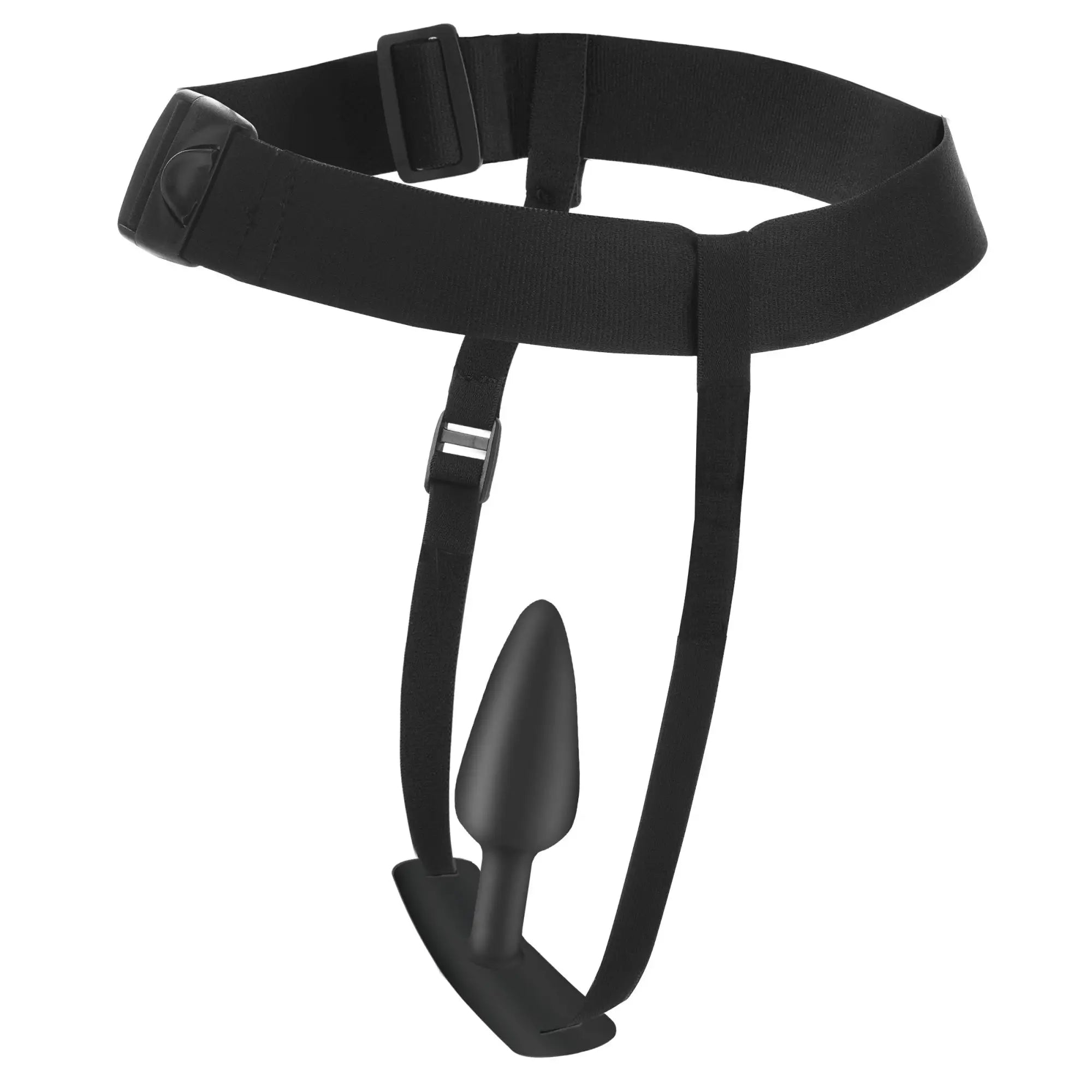 Master Series Bum-Tastic Trainer: black adjustable harness and silicone anal plug set on a white background.