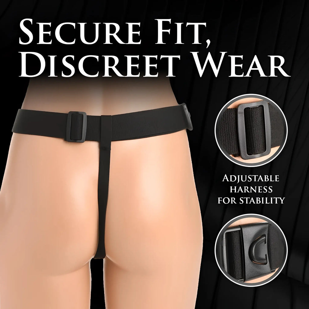 Master Series Bum-Tastic Trainer Set: Black adjustable harness worn on a mannequin to support a silicone anal plug.