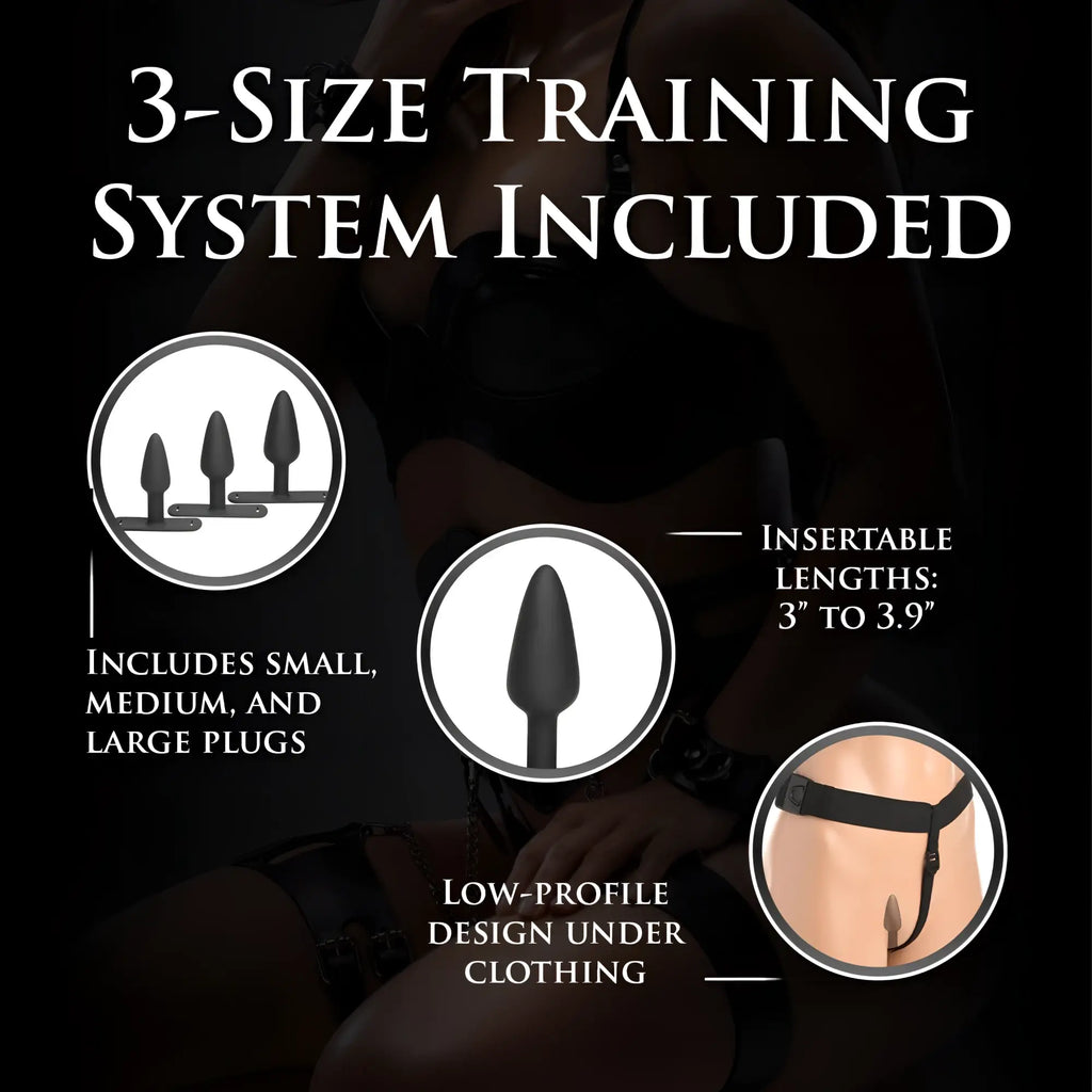 Master Series Bum-Tastic 3-piece black silicone anal plug set with a wearable harness for training.