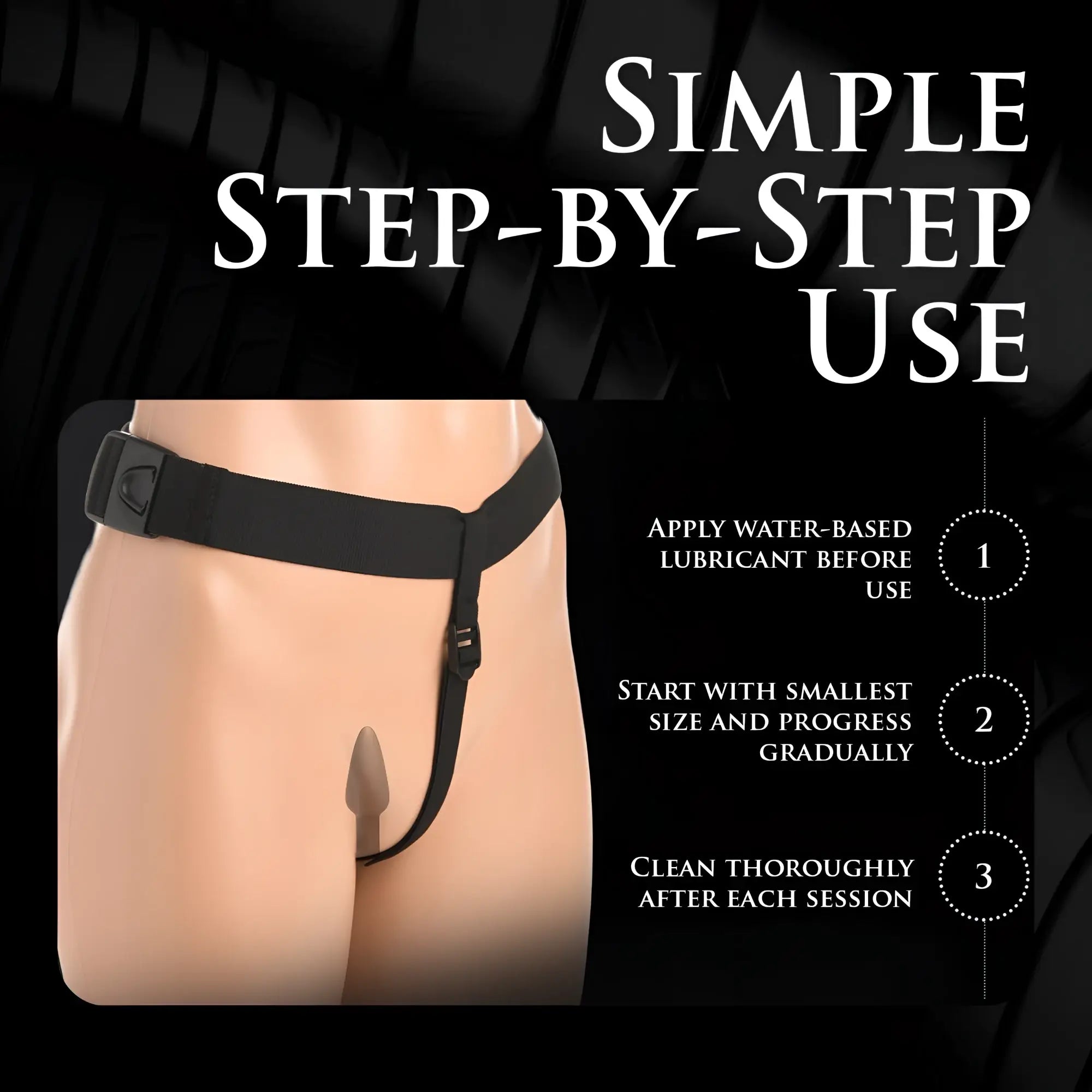 Master Series Bum-Tastic 3-piece silicone anal plug set and black harness showing simple usage instructions.