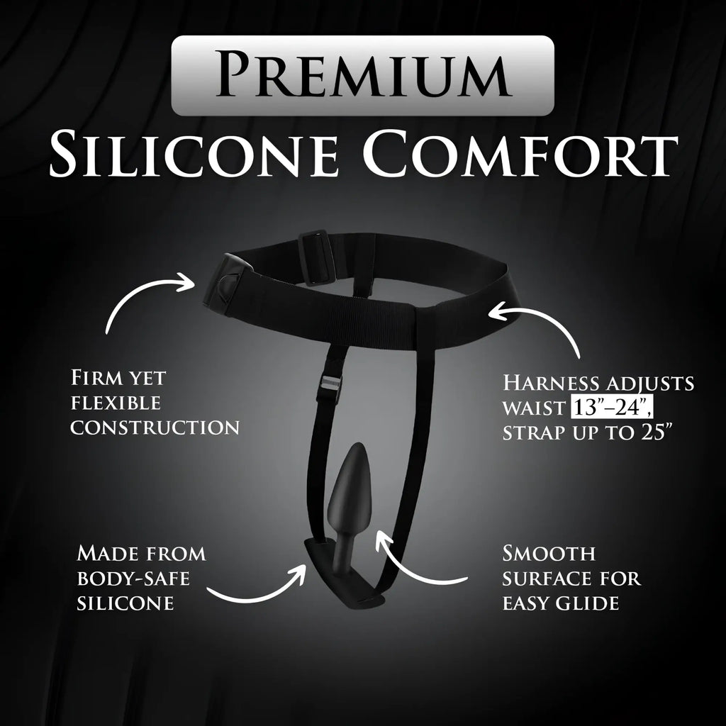Master Series Bum-Tastic black silicone anal plug set with an adjustable harness, shown with feature labels.
