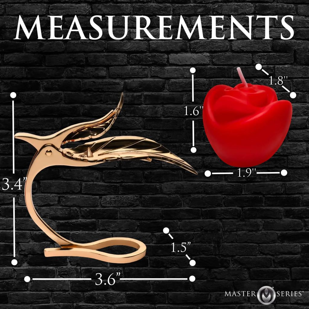 Master Series Burning Passion Rose candle and gold leaf-shaped metal holder with measurement overlays on a brick background.
