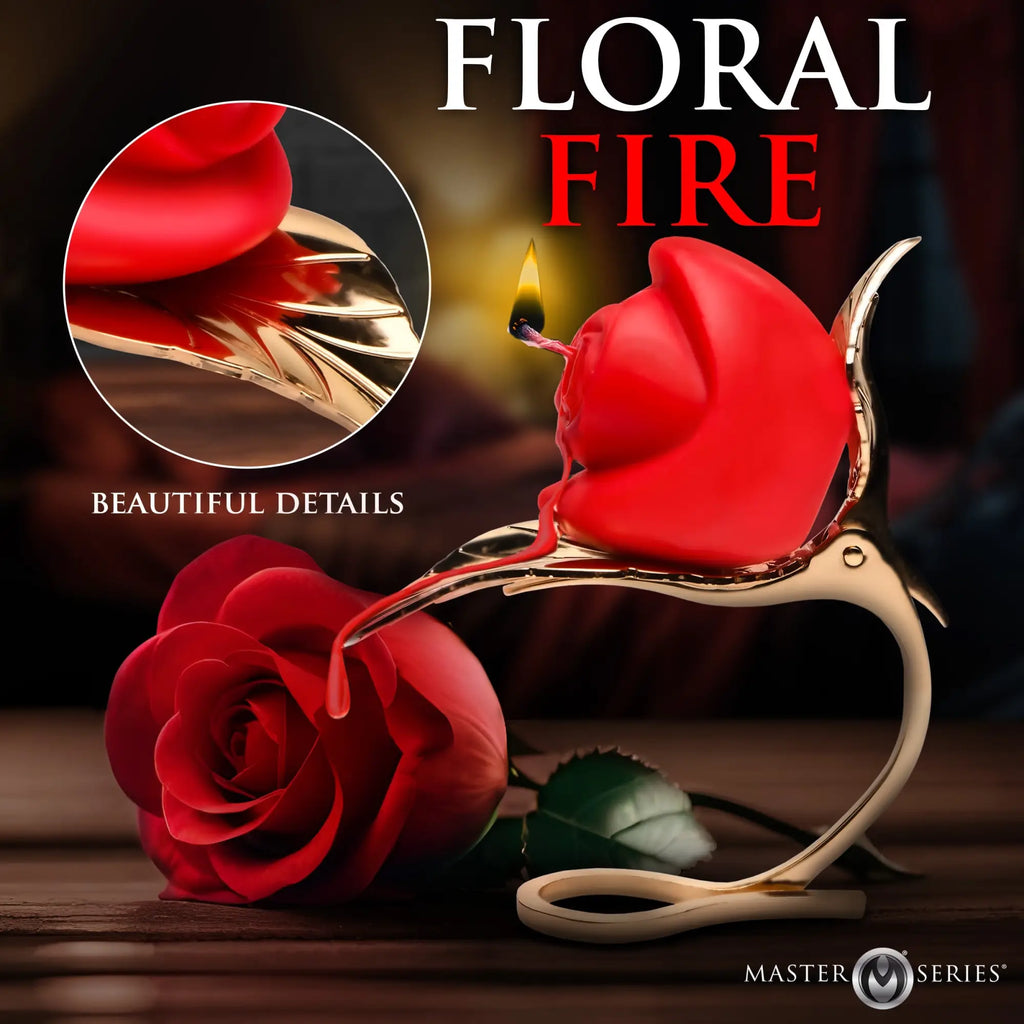 Master Series Burning Passion Rose Candle in a gold leaf holder with a melting red wax rose and an unlit rose nearby.