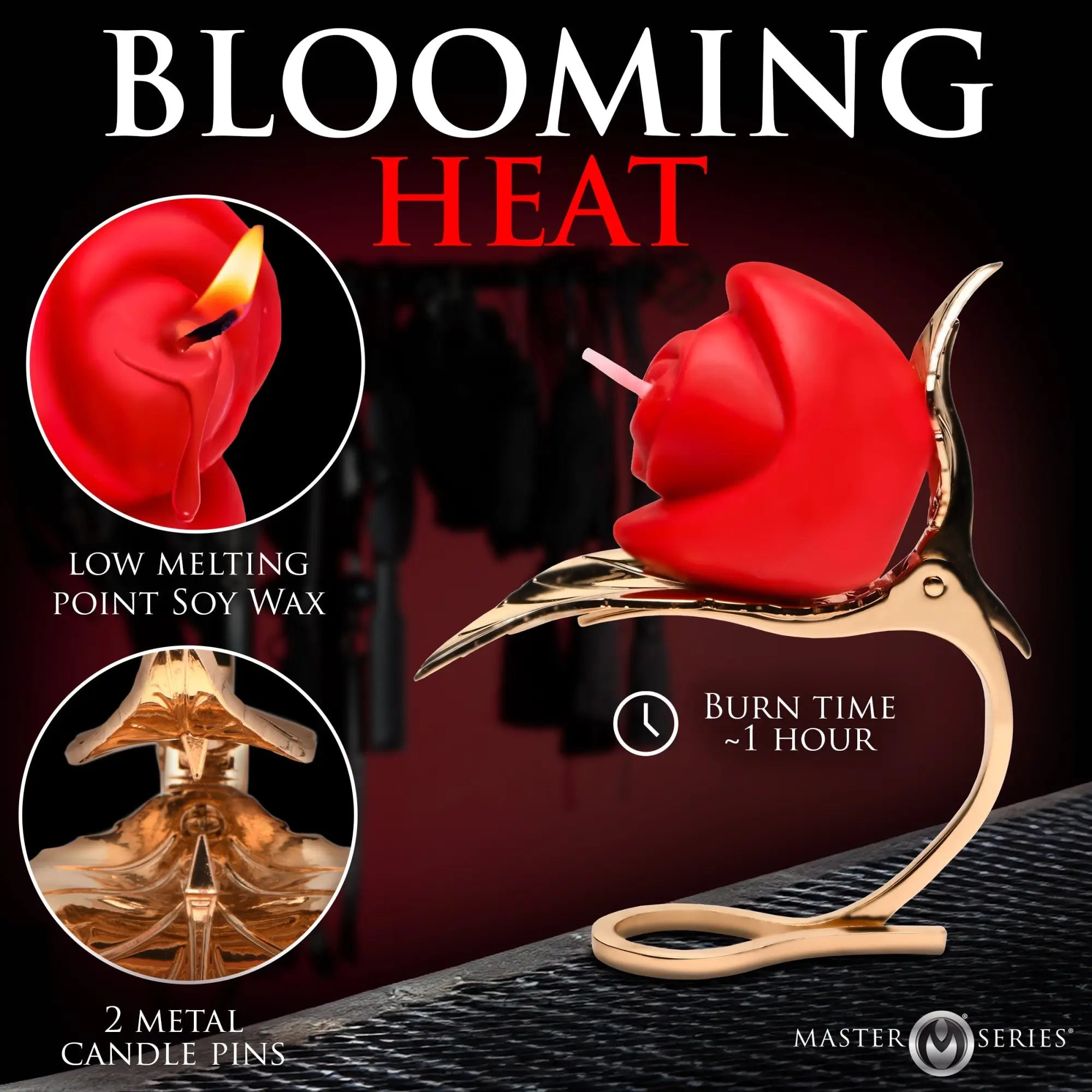 Master Series Burning Passion red rose-shaped candle on an elegant gold metal leaf holder with two candle pins.