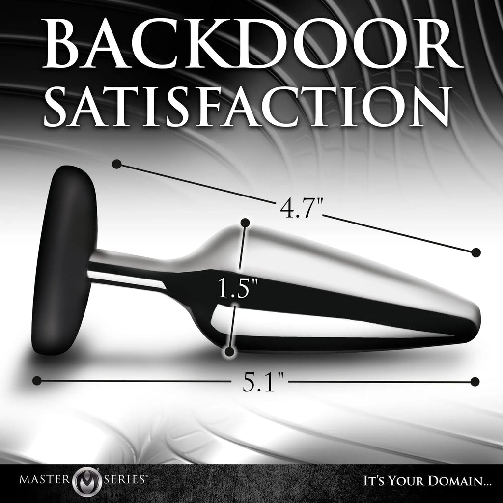 Master Series metal butt plug with a black silicone base, shown with 5.1", 4.7", and 1.5" size dimension lines.
