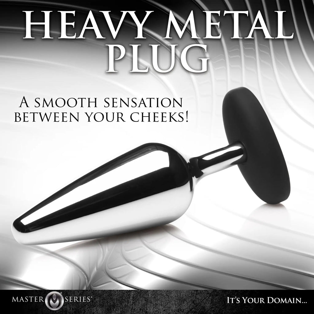 Master Series chrome metal butt plug with a black silicone base, set against a silver abstract background.
