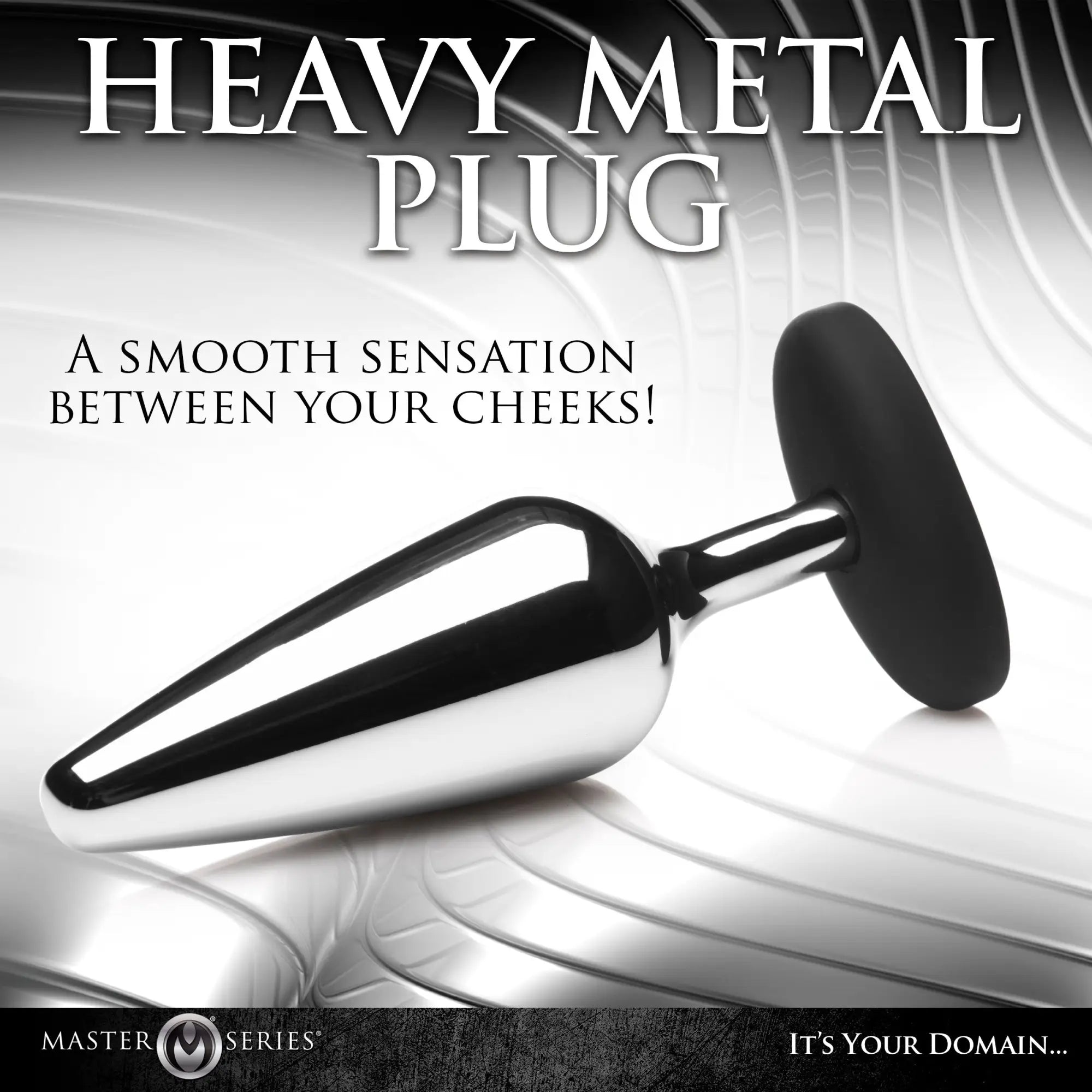 Master Series chrome metal butt plug with a black silicone base, set against a silver abstract background.