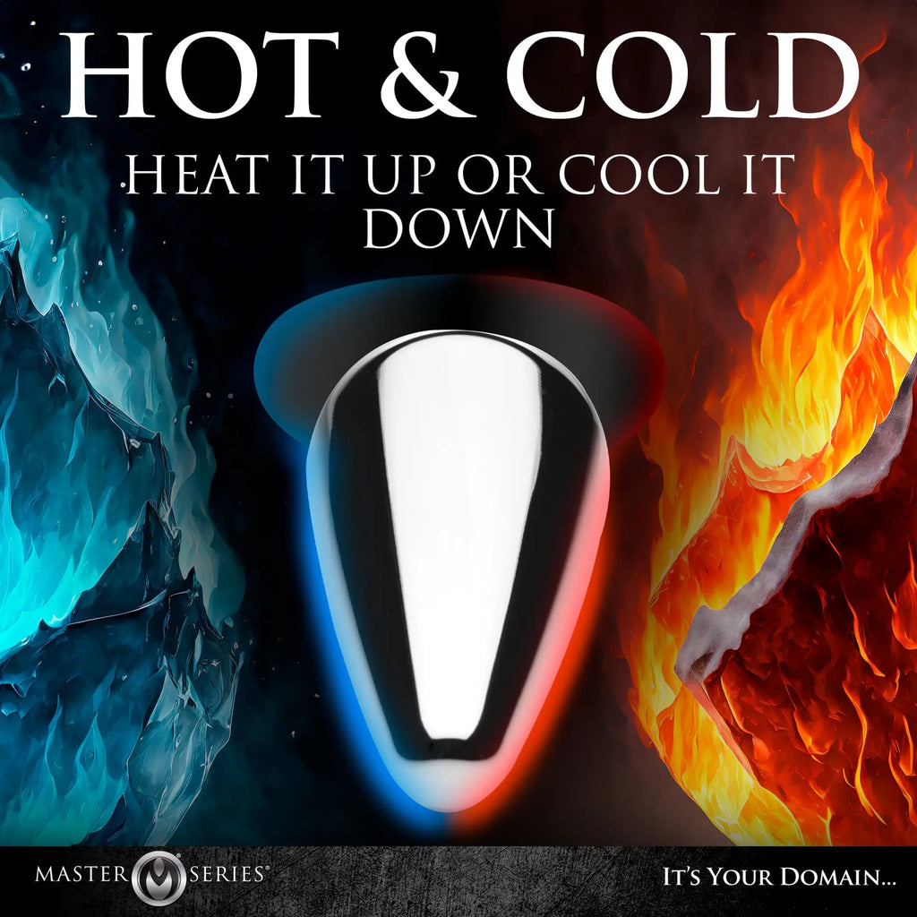 Master Series metal butt plug against a split background of ice and fire, illustrating hot and cold temperature control.