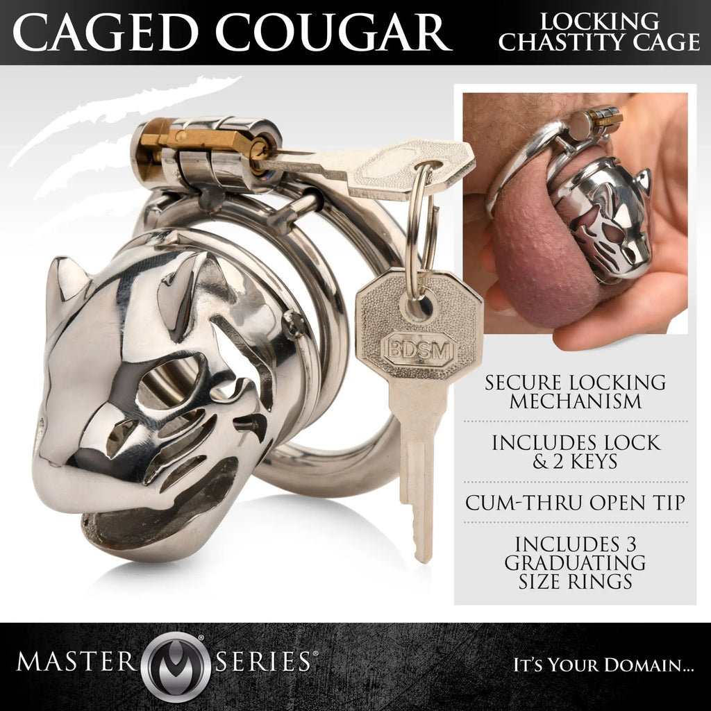 Master Series Caged Cougar silver metal locking chastity cage featuring a feline design, lock, and two keys.