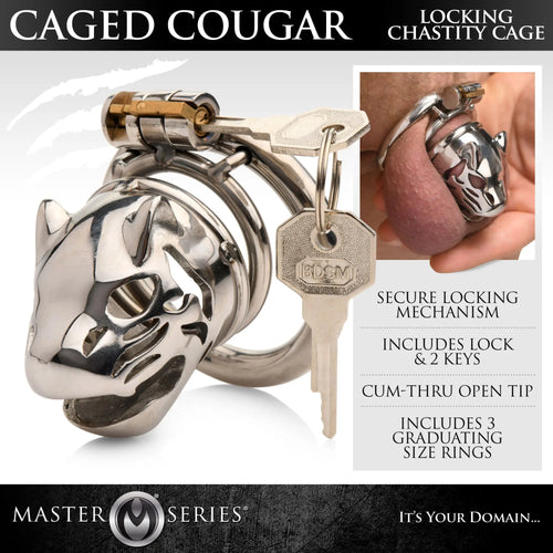 Master Series Caged Cougar silver metal locking chastity cage featuring a feline design, lock, and two keys.