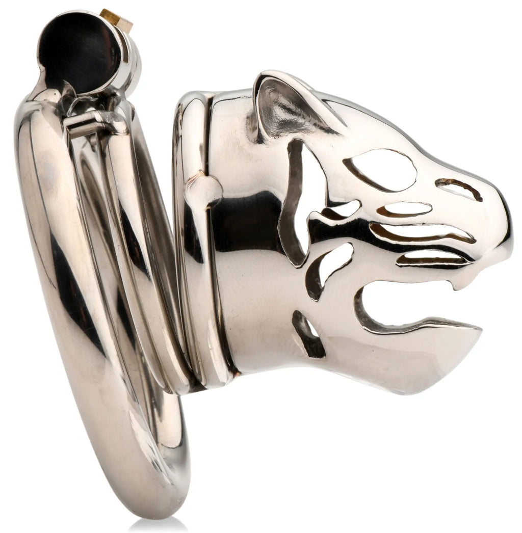 Master Series Caged Cougar: Silver-toned metal locking chastity device featuring an intricate cougar head cage design.