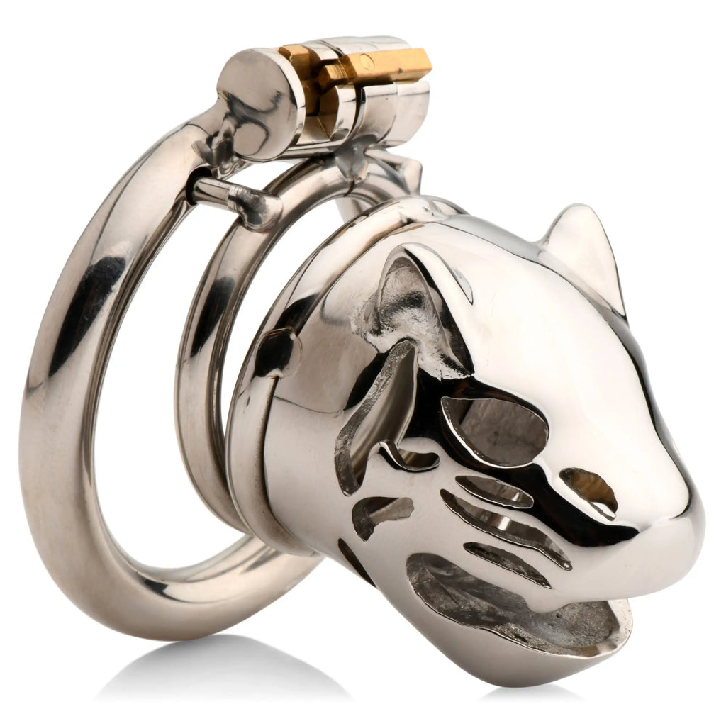 Master Series Caged Cougar locking silver metal chastity cage with detailed feline-shaped head and ring base.