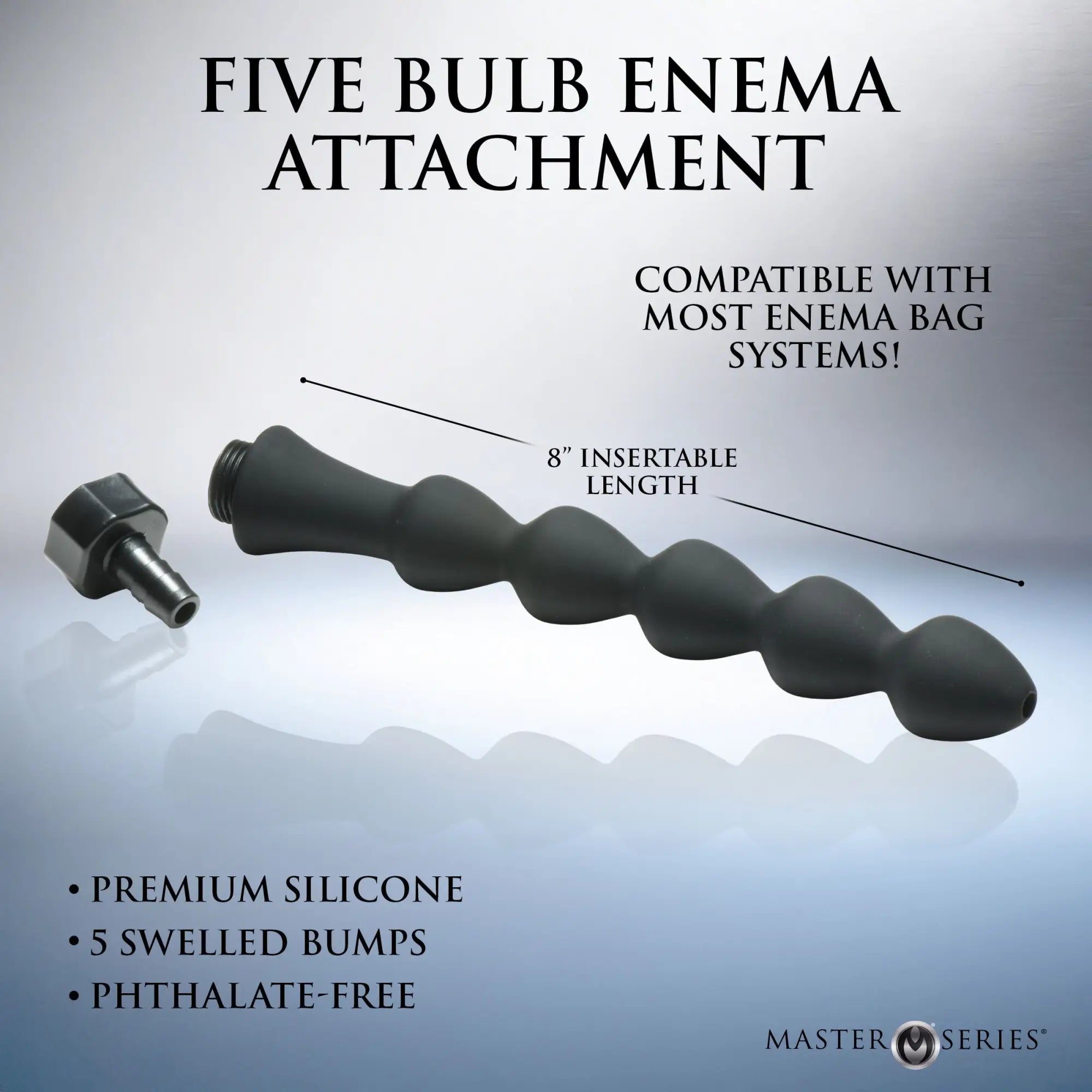 Master Series black silicone enema attachment with 5 swelled bumps and an 8-inch insertable length on a grey background.