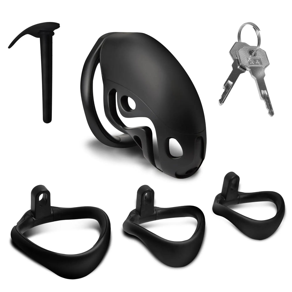 Master Series Captor Chastity Cage: matte black cage, three base rings, a locking pin, and a set of keys on a ring.
