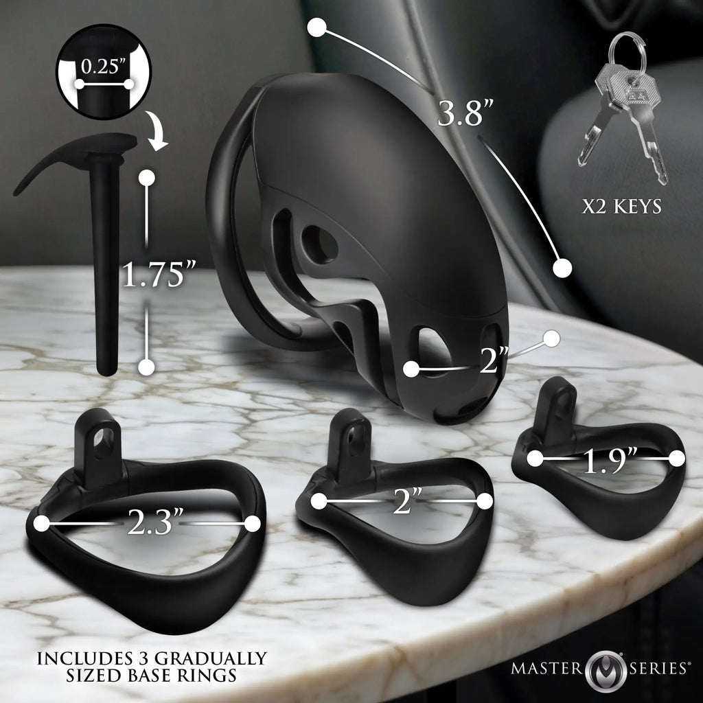 Black Master Series Captor chastity cage with three base rings, a locking pin, and two keys, showing various dimensions.