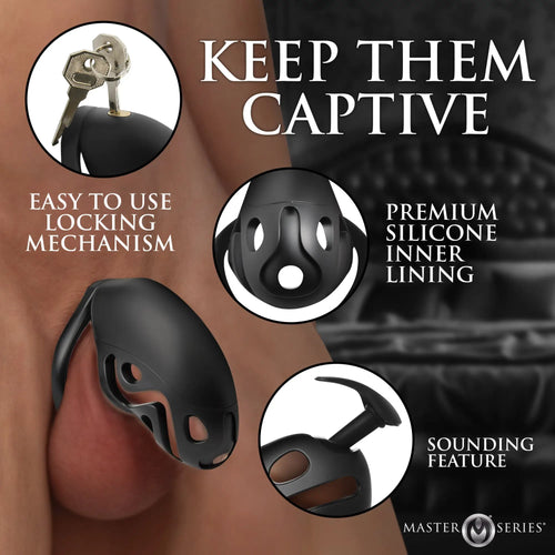 Master Series Captor matte black silicone chastity cage with locking mechanism, inner lining, and sounding feature.