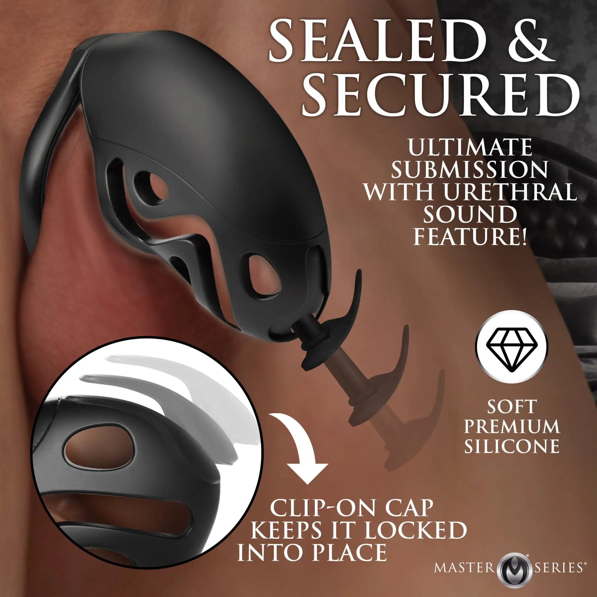 Black silicone Master Series Captor chastity cage with a built-in urethral sound and a secure clip-on locking cap.