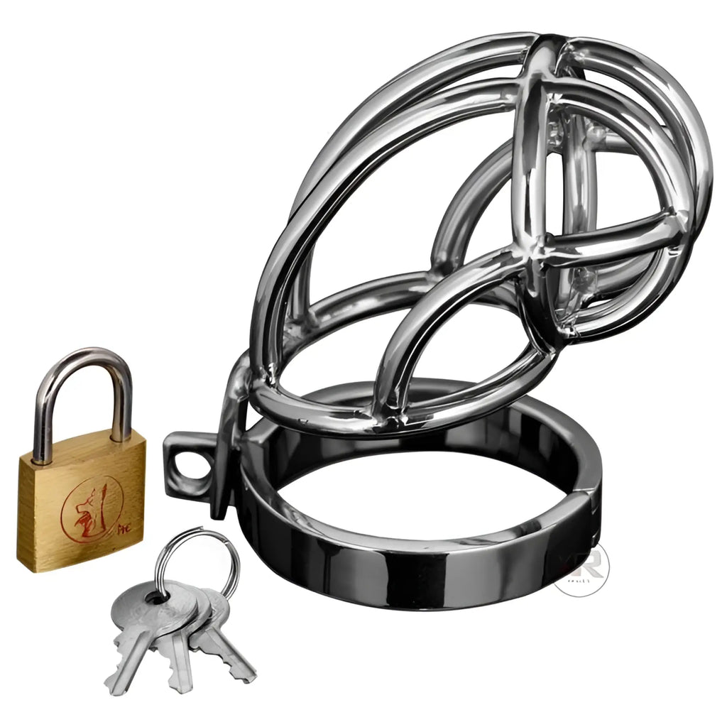 Master Series The Captus: A polished stainless steel cage with a base ring, brass padlock, and keys on a white background.